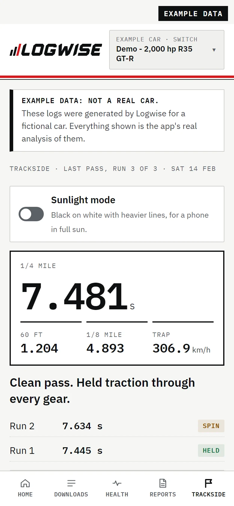 Example data. Logwise on a phone: the Trackside screen with the last pass, 1/4 mile 7.481 s, and the earlier runs.